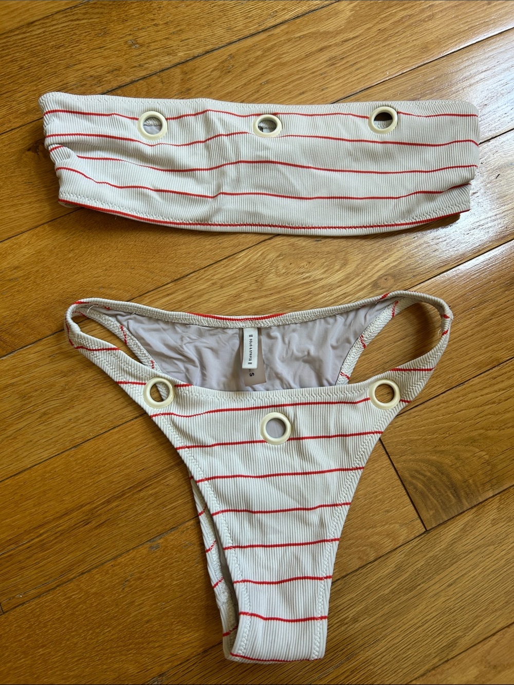 Solid and Striped Ribbed Bikini with Red Stripes & grommets